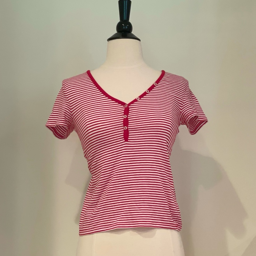 Forever 21 Red and White Stripped Button T Shirt